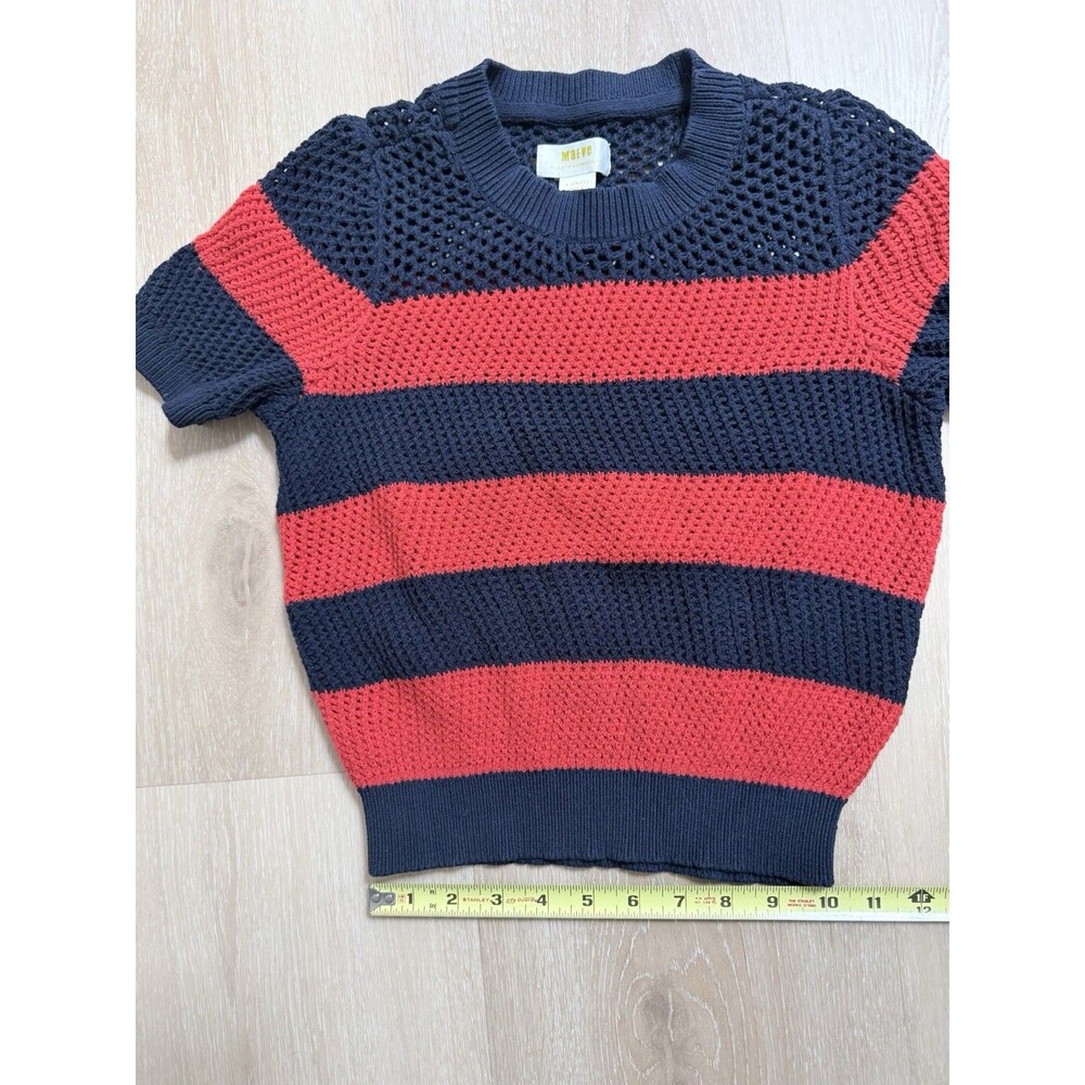Anthropologie Maeve Open Knit Striped Sweater Top XS Red Navy Blue Short Sleeve - Picture 11 of 14